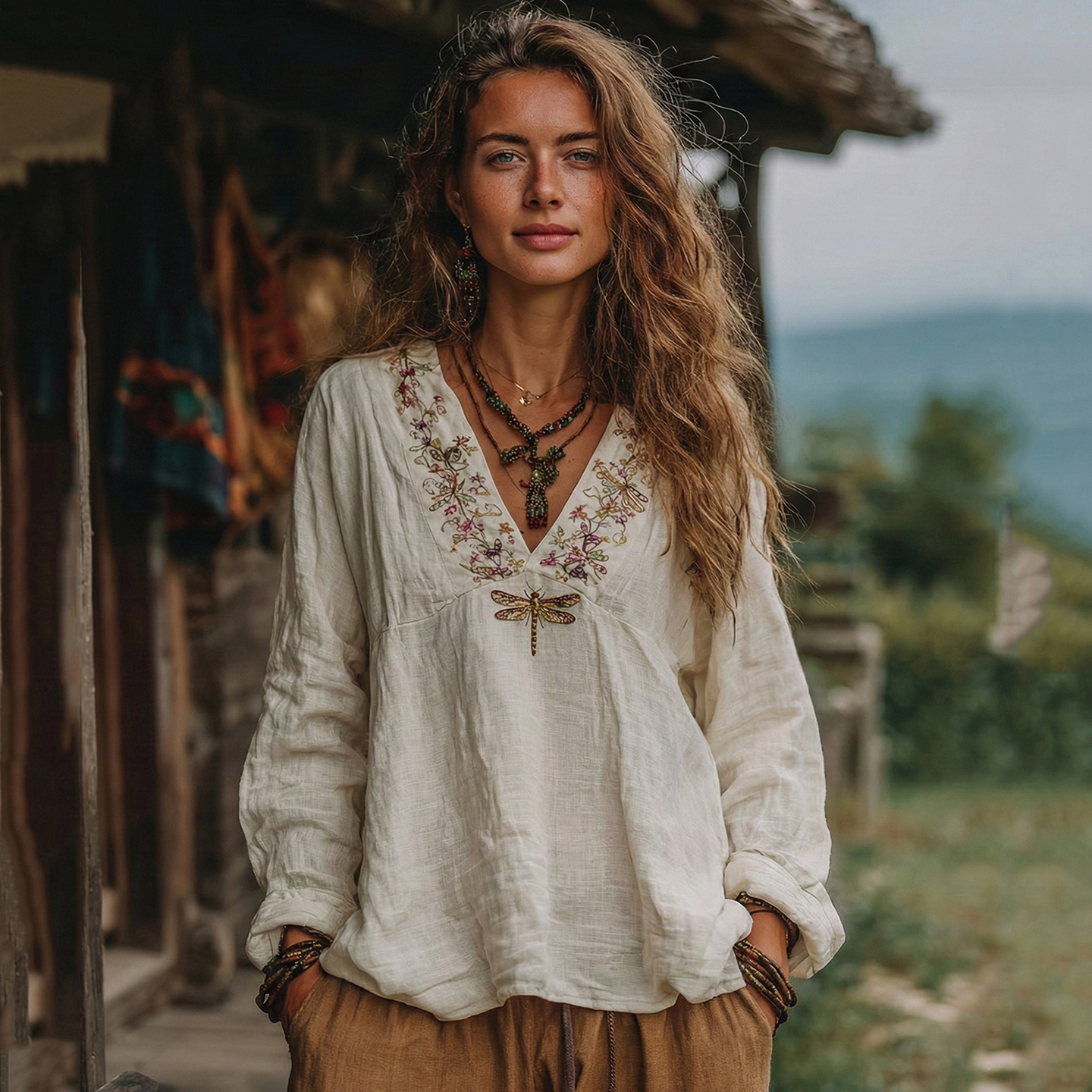 Women's Vacation Boho Floral With Dragonfly Print V-neck Linen Blend Tops