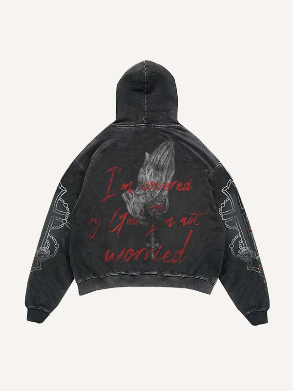 Palm&Cross&Letter Print Slant Pockets Hoodie