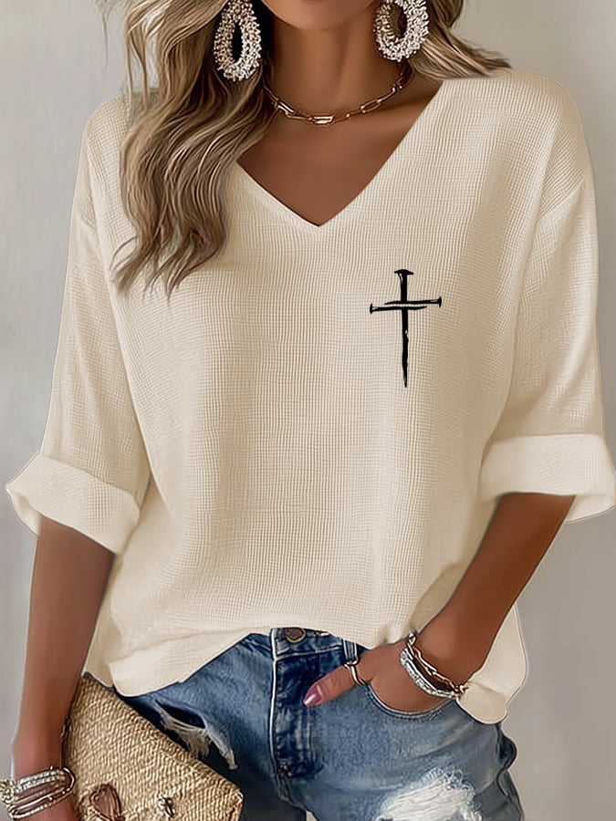 Women's Retro Faith Cross Design Printed Waffle Long Sleeve T-Shirt