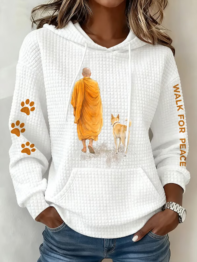 Monks' Peace Walk Print Casual Hooded Sweatshirt