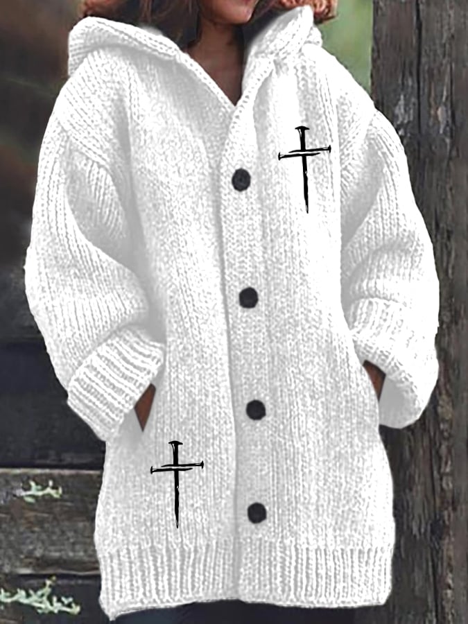 Women's Vintage Faith Design Printed Knitted Fabric Plush Jacket