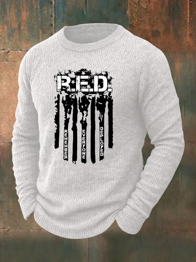 Men's  RED Friday Remember Everyone Deployed  Pattern  Wool Blend Classic Crew Neck Sweater