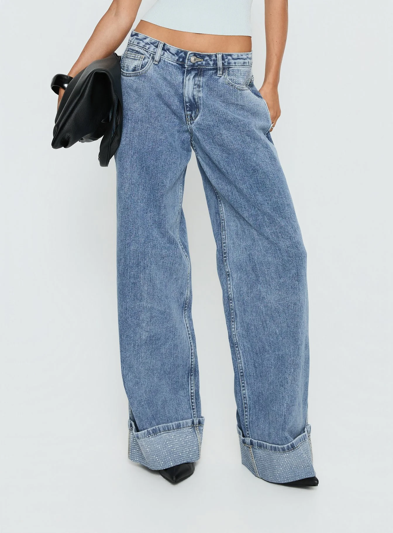 Ramos Diamante Low Rise Wide Leg Jeans Washed Mid Blue