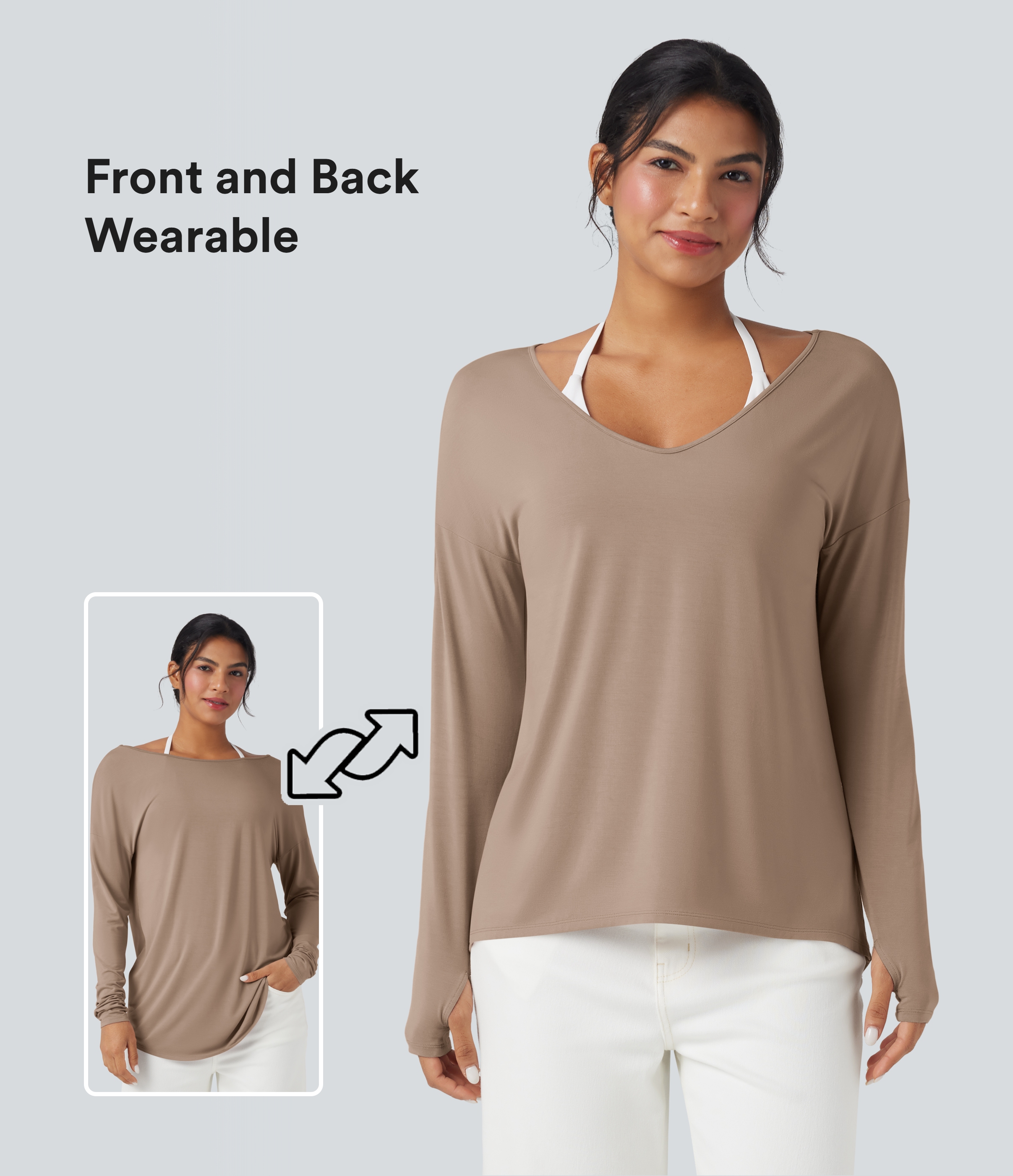 Deep V-neck Long Sleeve Thumb Holes Relaxed T-Shirt-Front and Back Wearable