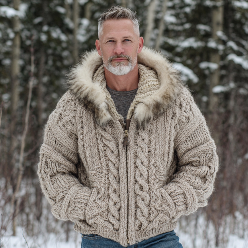 Men's Viking Celtic Art Cozy Fur Collar Knit Hooded Sweater Jacket