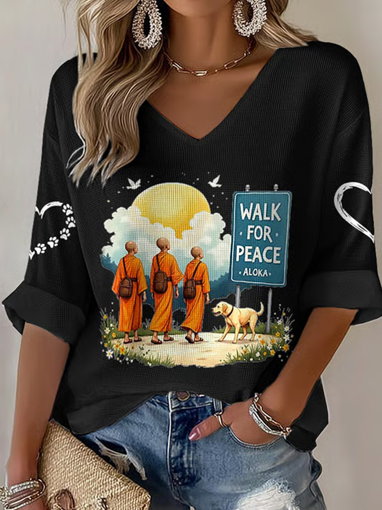 V-neck Retro Walk For Peace Monks With Aloka Dog Print T-shirt