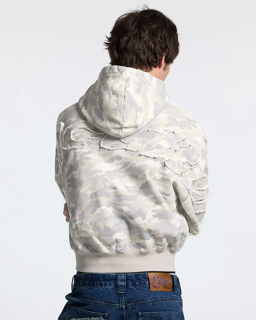 DISTRESS CURVED HOODIE CAMO GREY