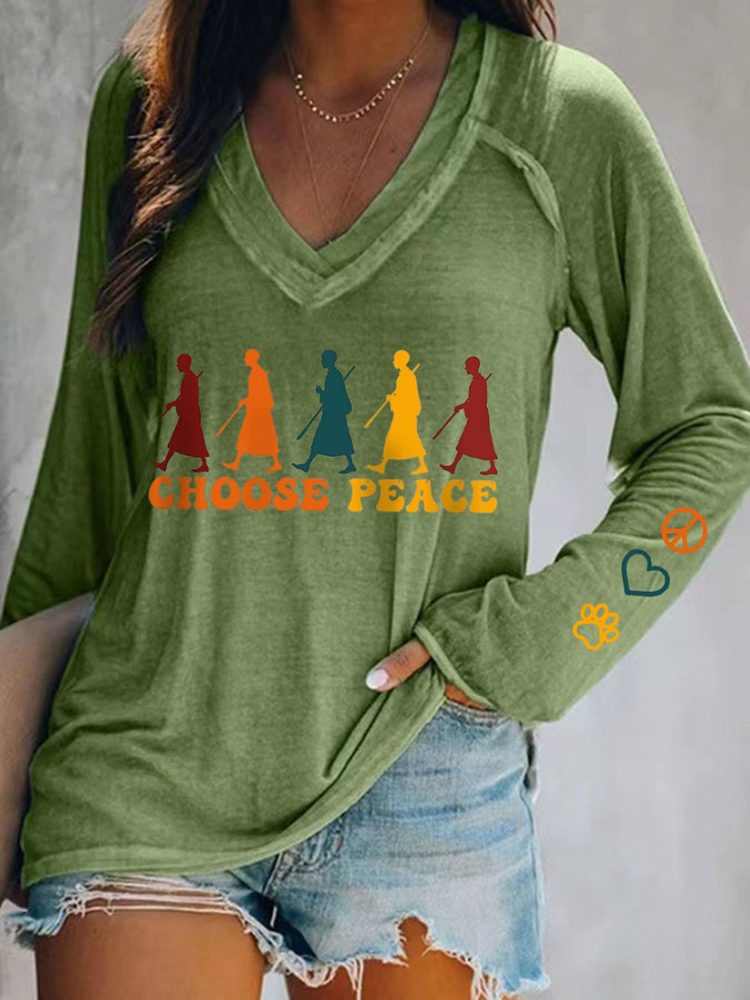 Women's Walk For Peace Print V Neck Long Sleeve T-shirt