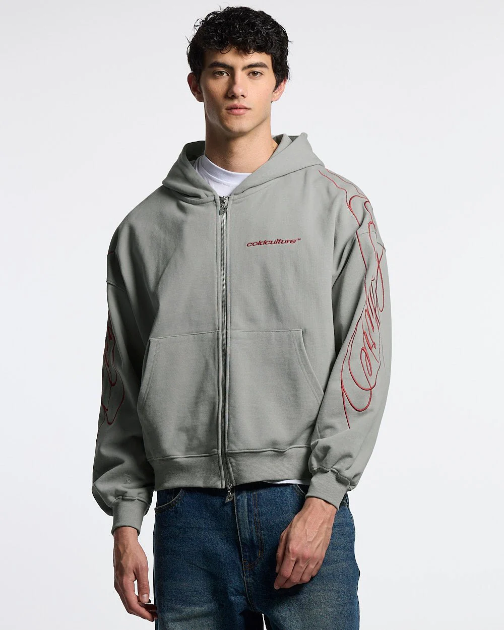 NEW SCRIPT ZIP HOODIE GREY & RED