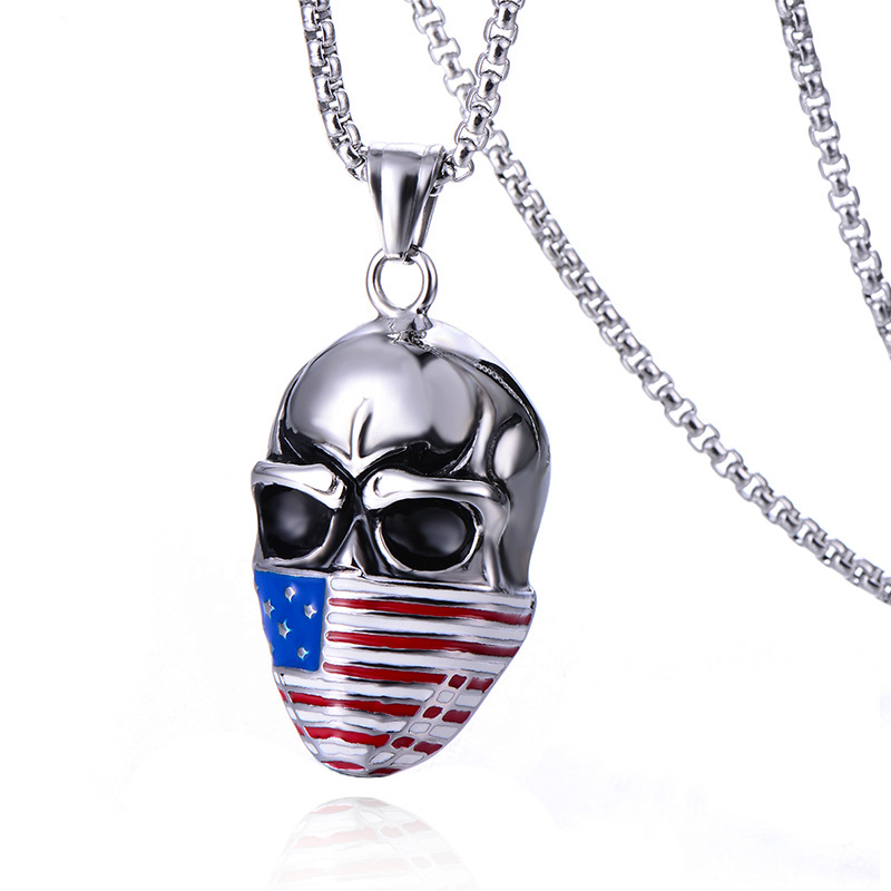 Men's American Flag Skull Pendant Necklace
