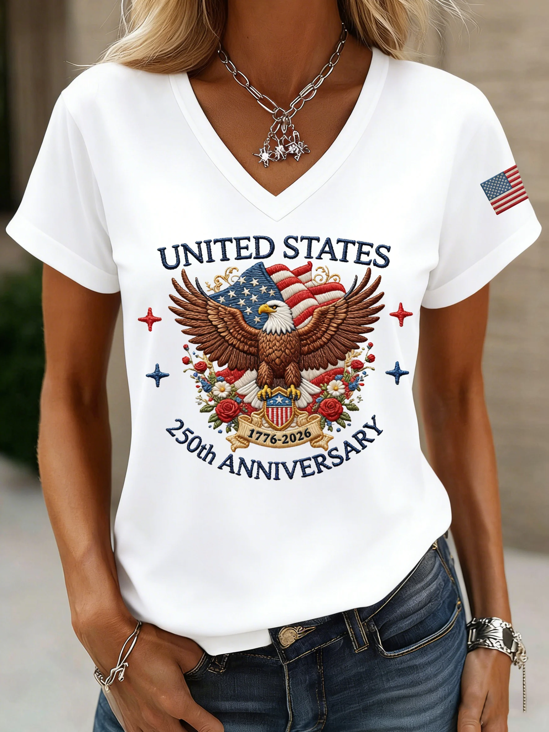 Women's American 250th Anniversary Print Casual V-Neck Top
