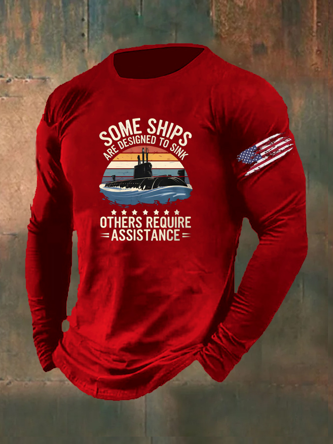 Men's  Navy Vintage Pattern Long Sleeve 100% Cotton T-Shirt