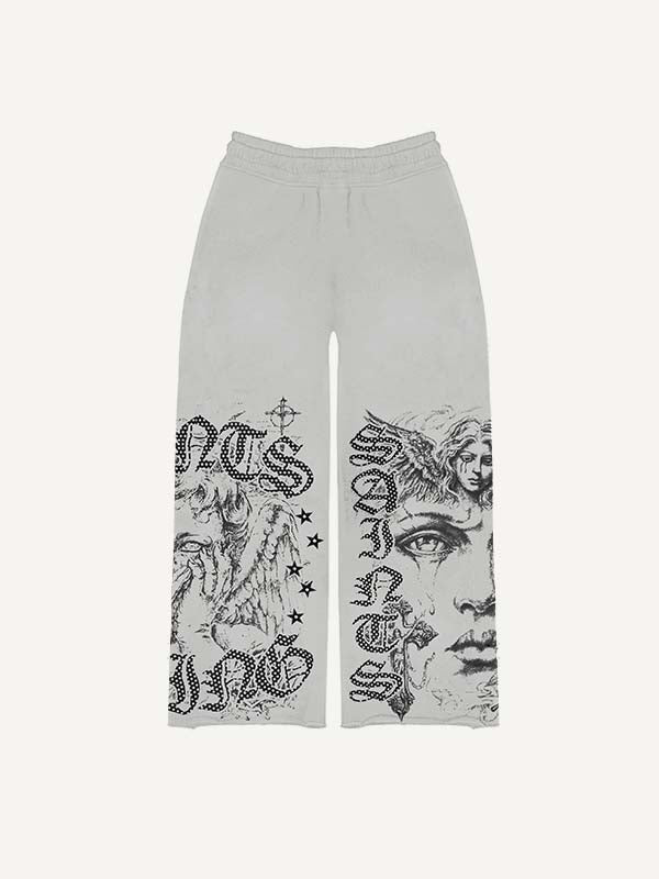 Angel&Eye&Cross&Letter Print Elastic Waist Pants