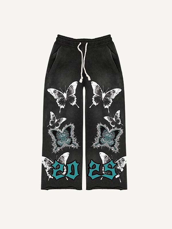 Butterfly&Skeleton&Wing Faux Decal Print Elastic Waist Pants