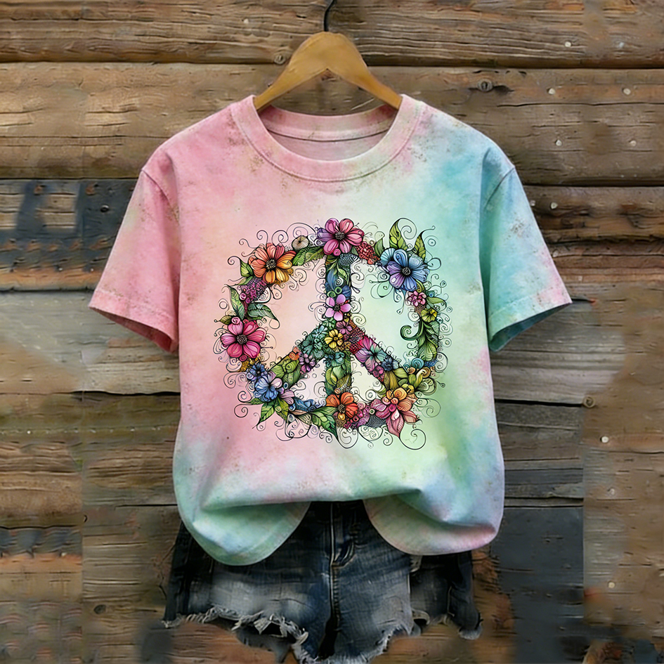 Retro Color Plant Flower And Peace Sign Pattern Printed Short-sleeve T-shirt