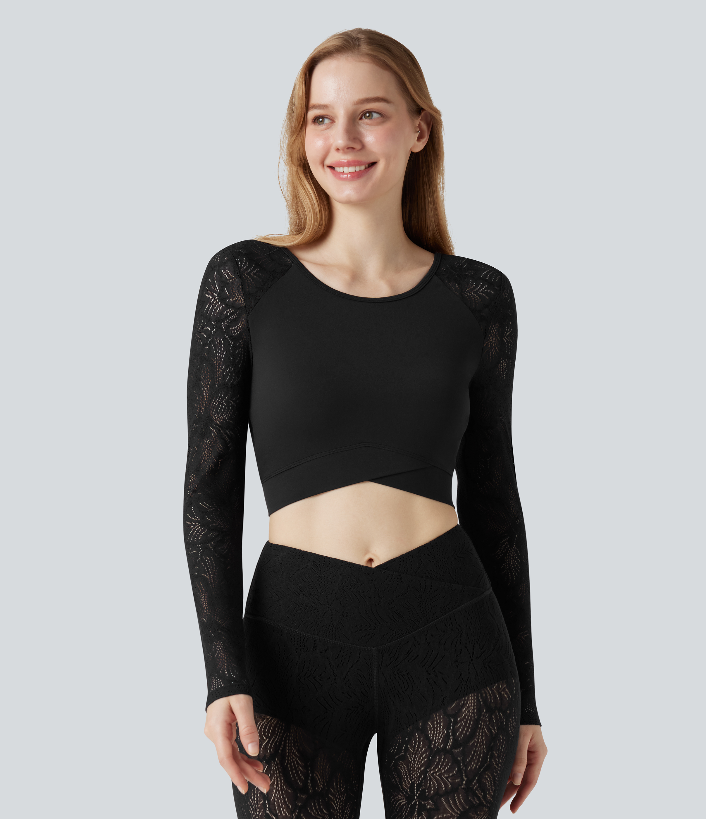SoftlyZero™ Contrast Lace Crossover Hem Long Sleeve Cropped Yoga Sports Top-UPF50+