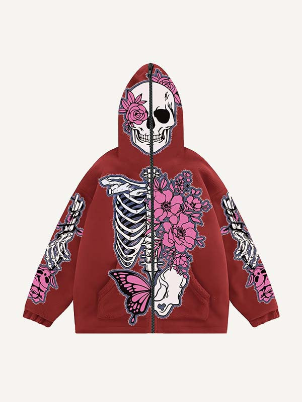 Skeleton&Floral&Butterfly Faux Decal Print Zip Up Hooded Coat