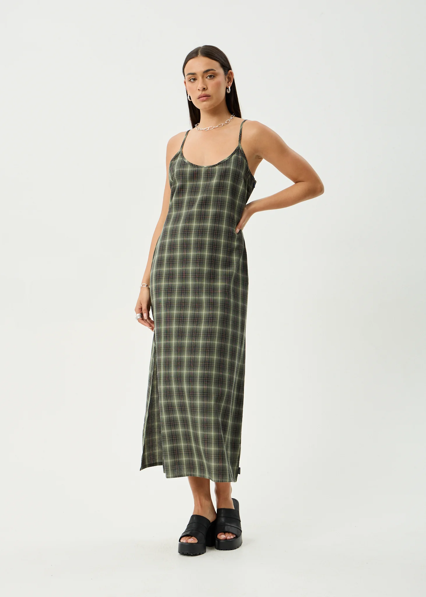 AFENDS Womens Jonah Valley - Maxi Dress - Deep Olive Check