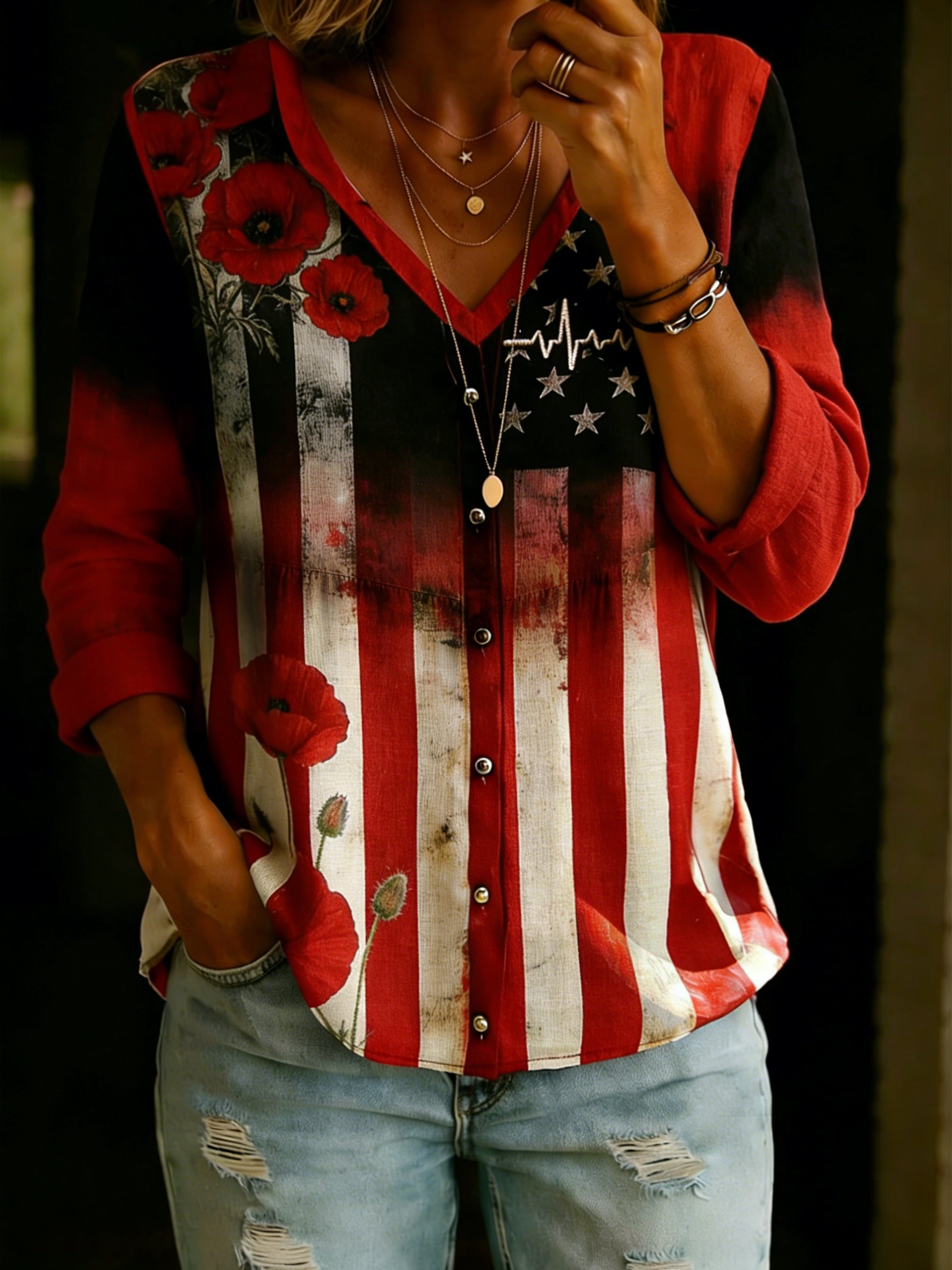 Women's Distressed Memorial Day Print Top