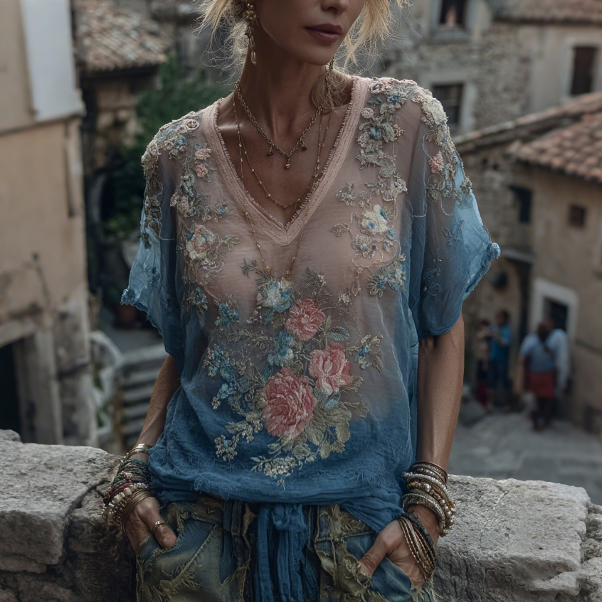 Women's Vintage Floral Art Print Comfy V Neck T-shirt