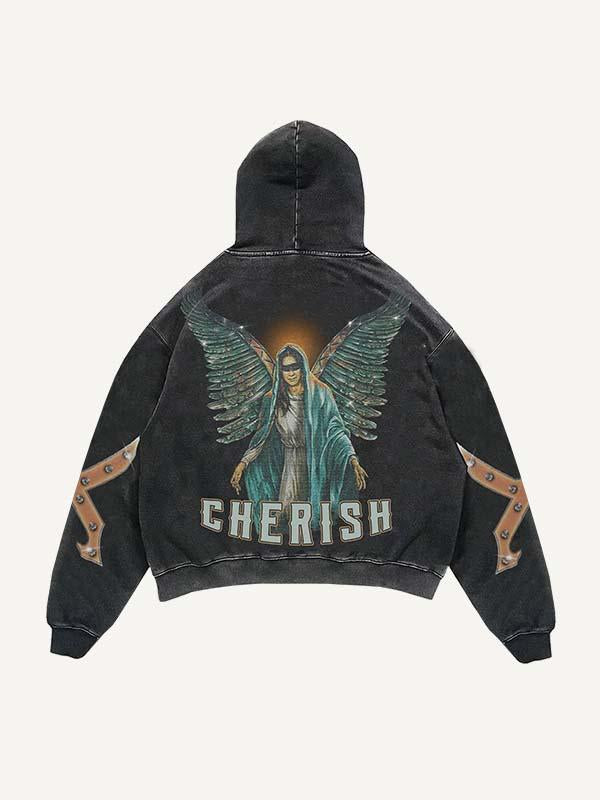 Figure&Wing&Letter Faux Rhinestones Print Slant Pockets Hoodie