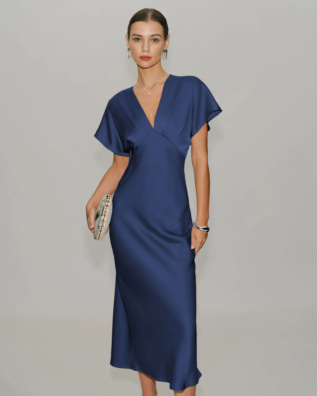 Navy Satin Cowl Sleeve Midi Dress