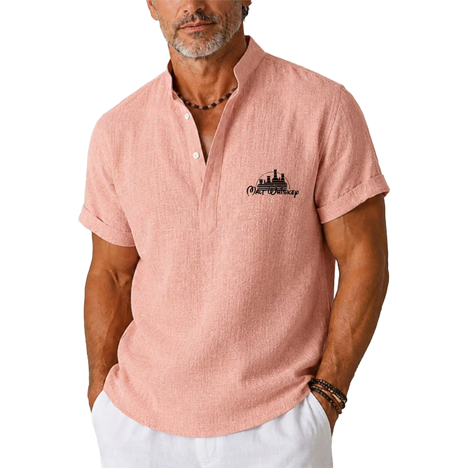 Men Linen Shirt Popover Shirt Band Collar Shirt - Casual Daily Black Pink Short Sleeve Henley Summer Clothing Apparel