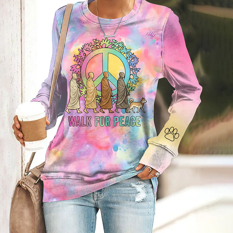Women's Walk For Peace Monks With Aloka Dog Print Casual Sweatshirt