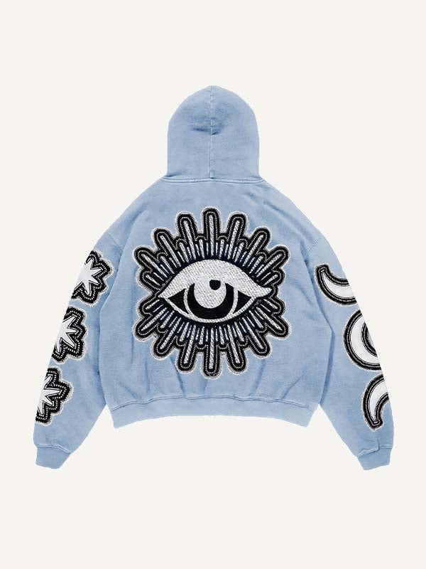 Sun&Moon&Eye&Star Faux Decal Print Slant Pockets Hoodie