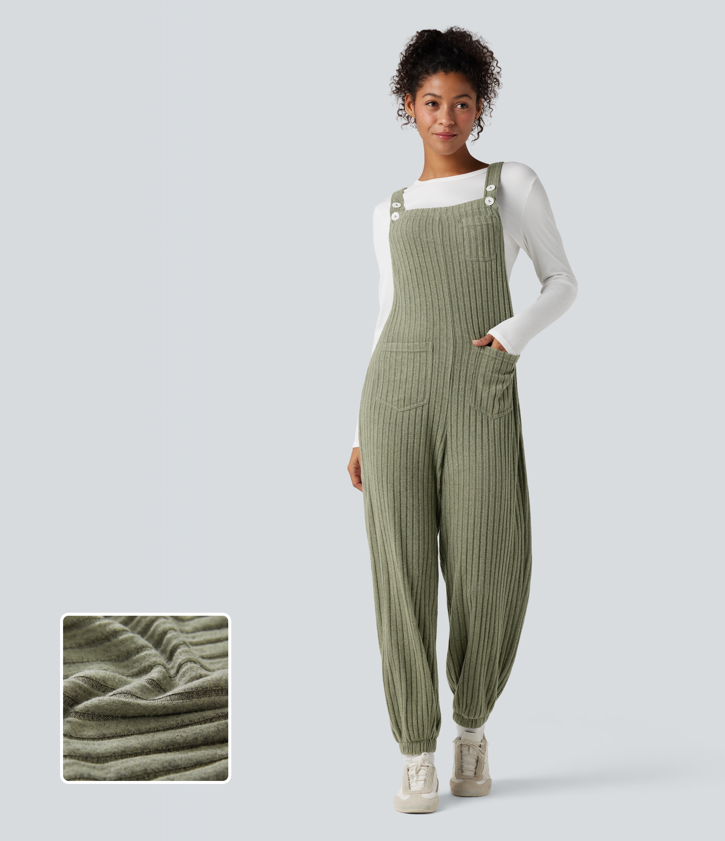 Ribbed Knit Adjustable Straps Casual Joggers Overalls with Pockets