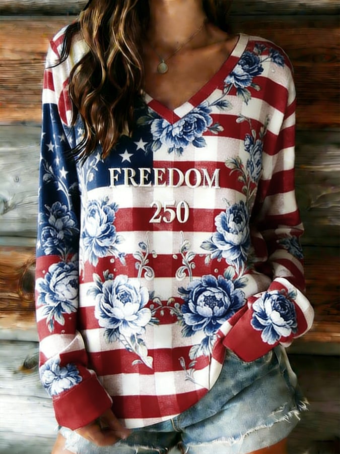 Women's Casual American 250th Anniversary Long-Sleeve Printed T-Shirt