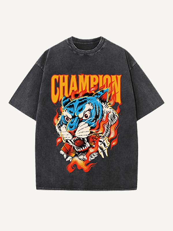 Distressed Washed Tiger&Graphic&Letter Print Round Neck T-shirt