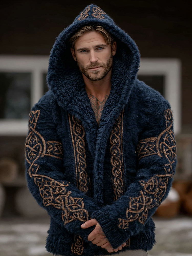 Men's Viking Tribal Jacquard Celtic Knot Plush Warm Zipped Hooded Jacket