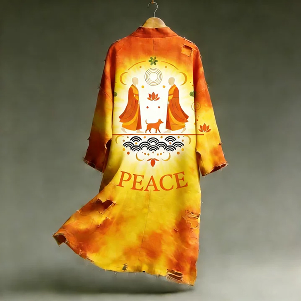 Peaceful Monk Walking Inspiration Tie-dyed Linen Kimono