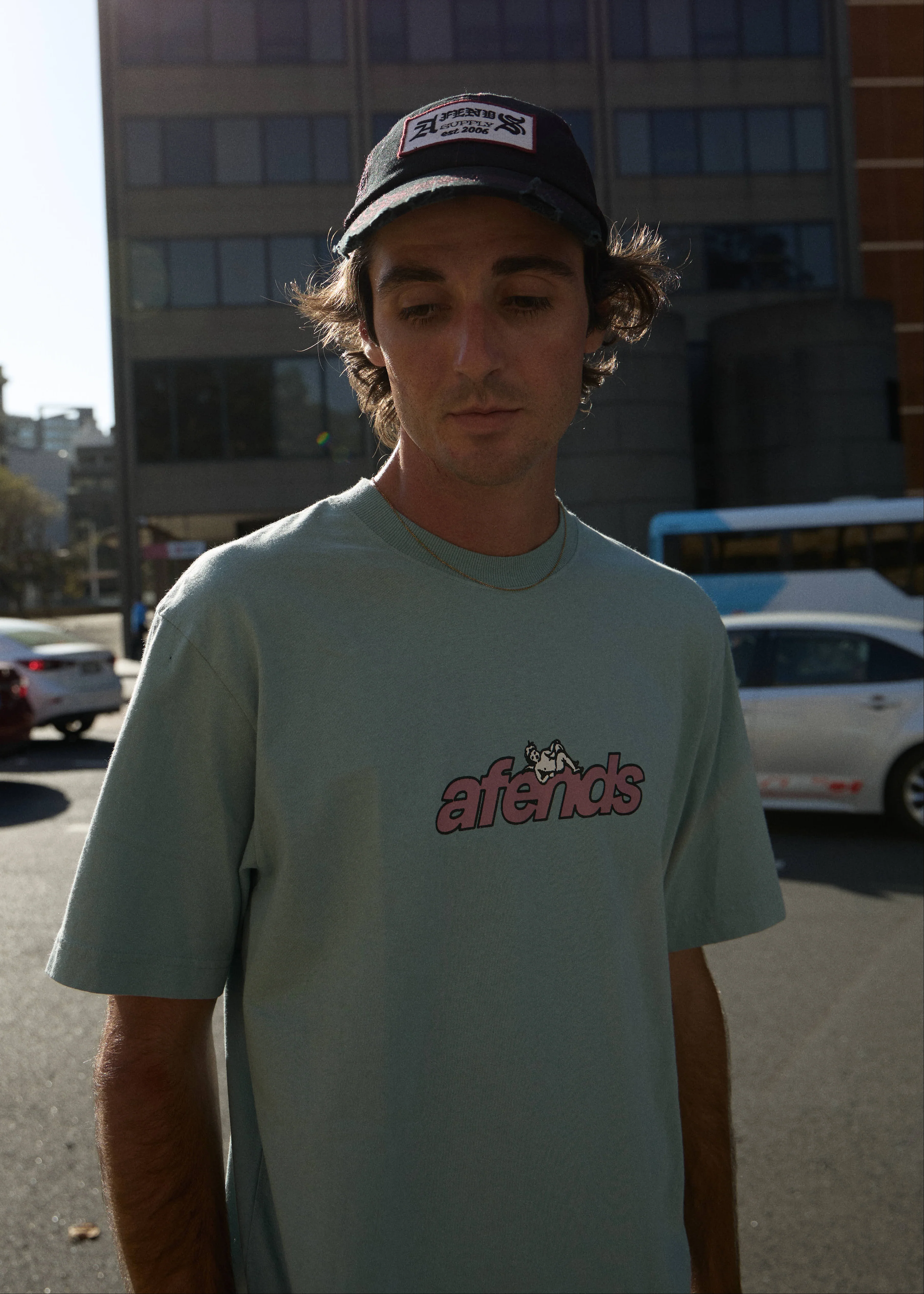 AFENDS Mens Angel Boy - Retro Tee - Washed Overcast