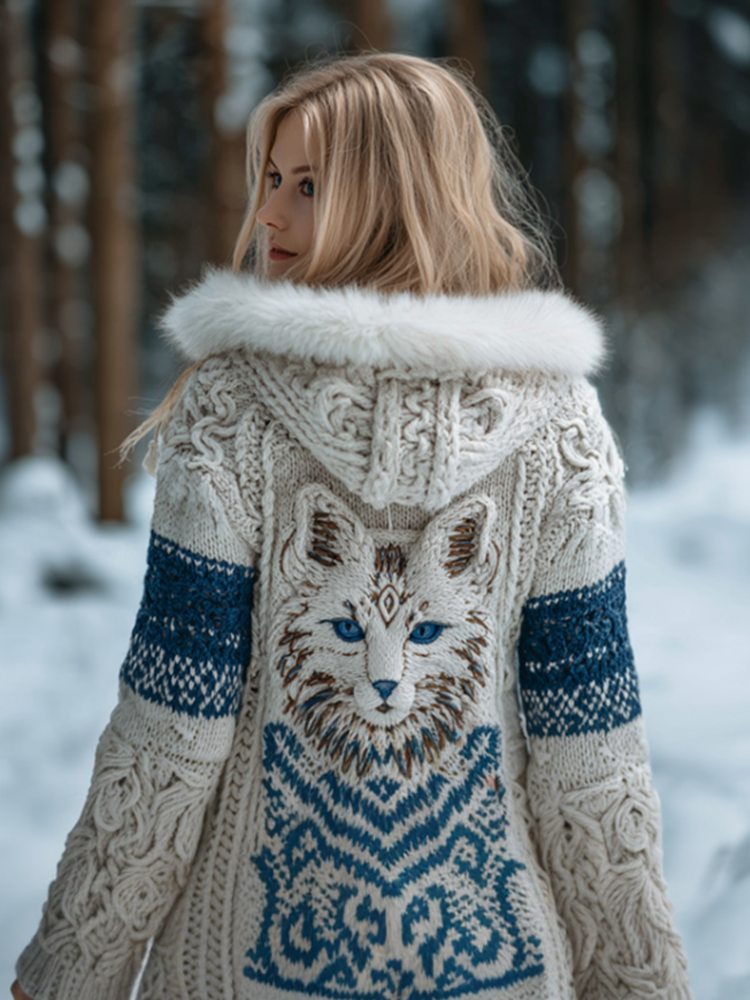 Viking Retro Cat Design Women's Hooded Knit Sweater Jacket