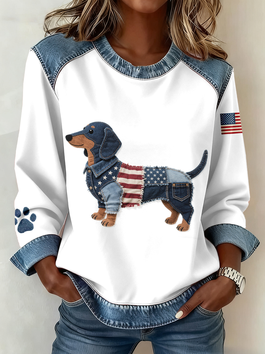 Women's Flag Inspired Dachshund Dog Pattern Denim Patchwork Sweatshirt
