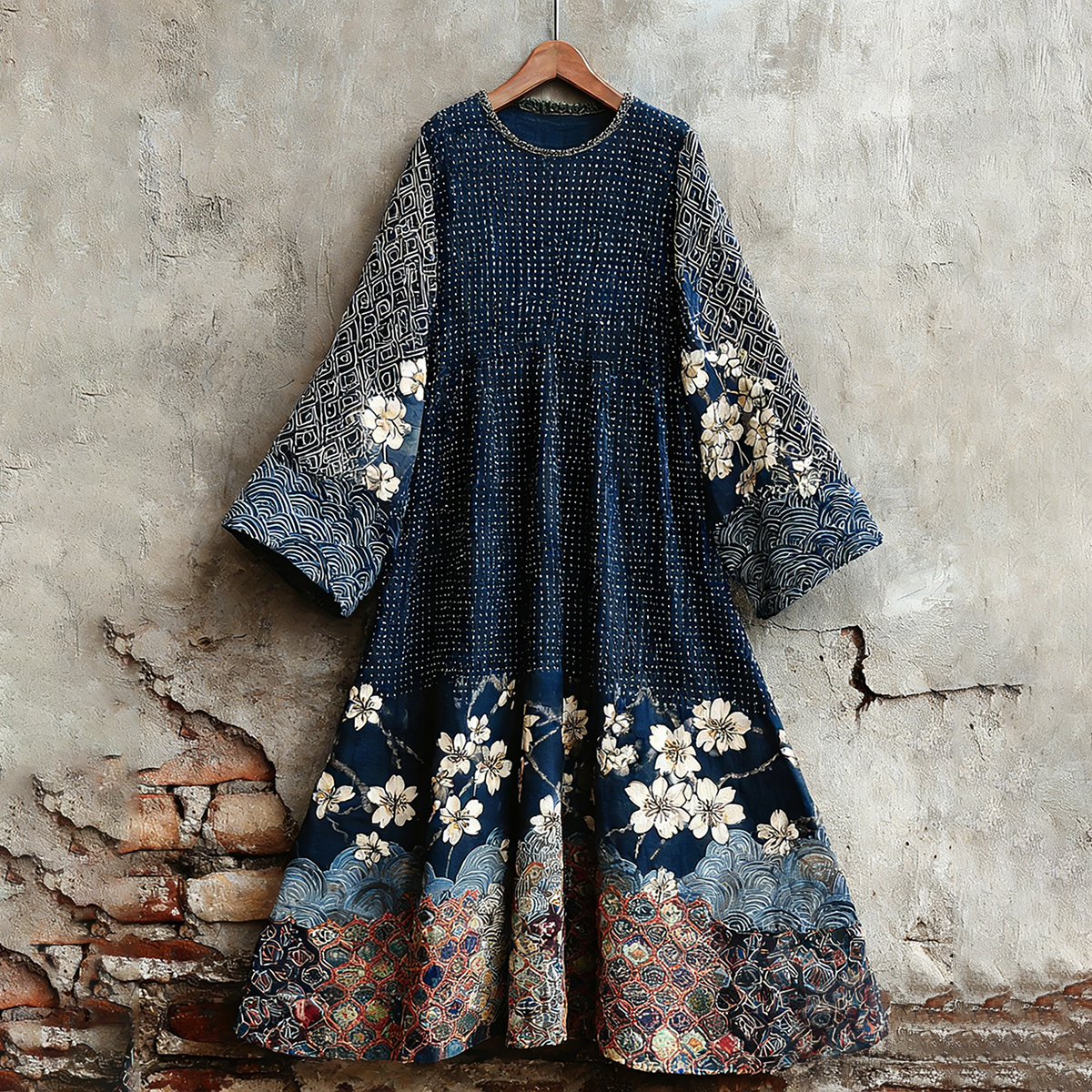 Women's Traditional Japanese Sashiko Art Round Neck Dress