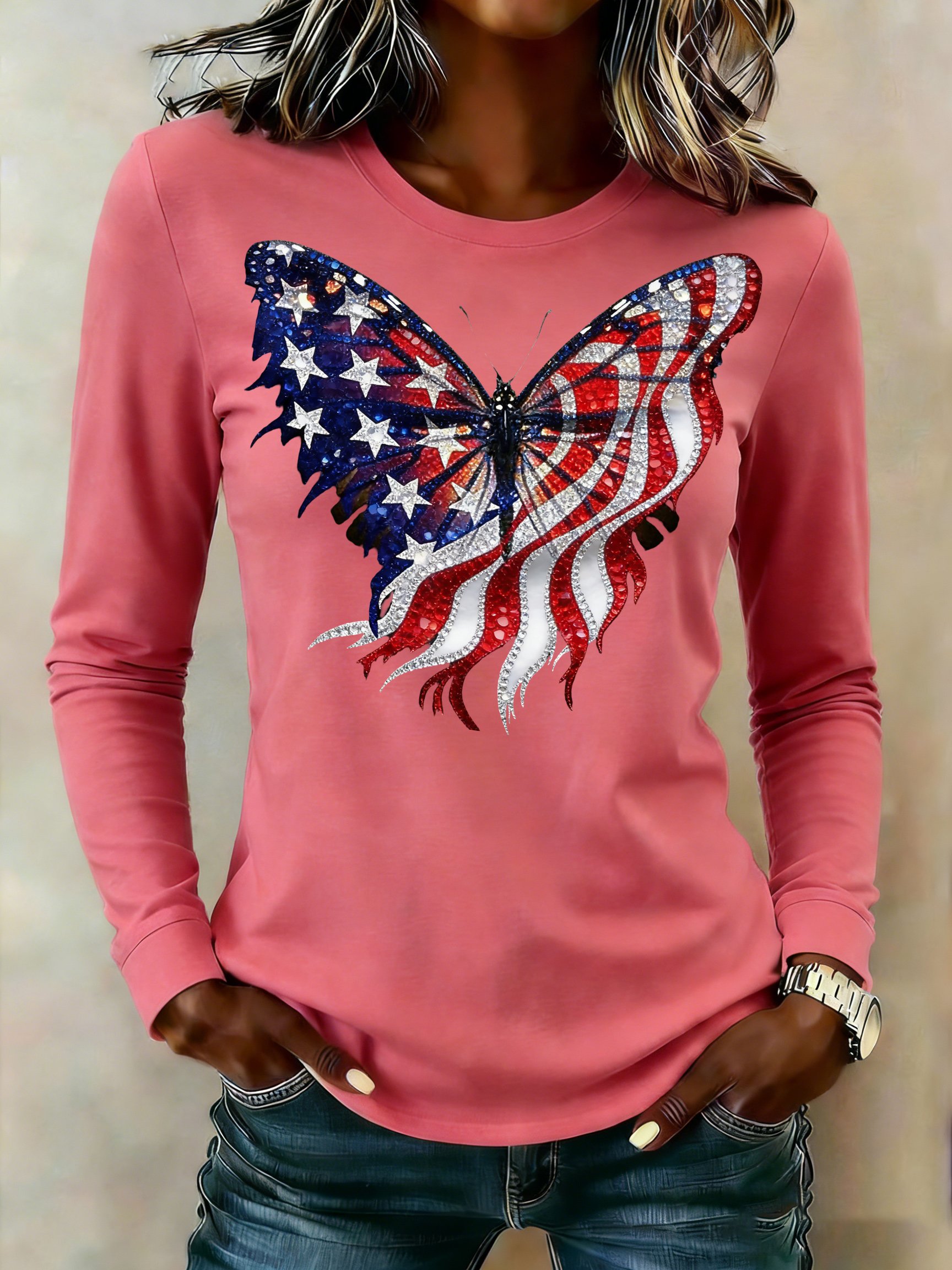 Women's casual retro patriotic red, yellow, and blue butterfly long-sleeved T-shirt