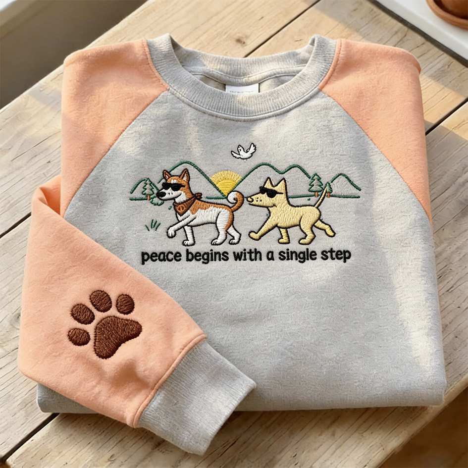 Peace Dog Pattern Color-blocked Casual Round Neck Sweatshirt