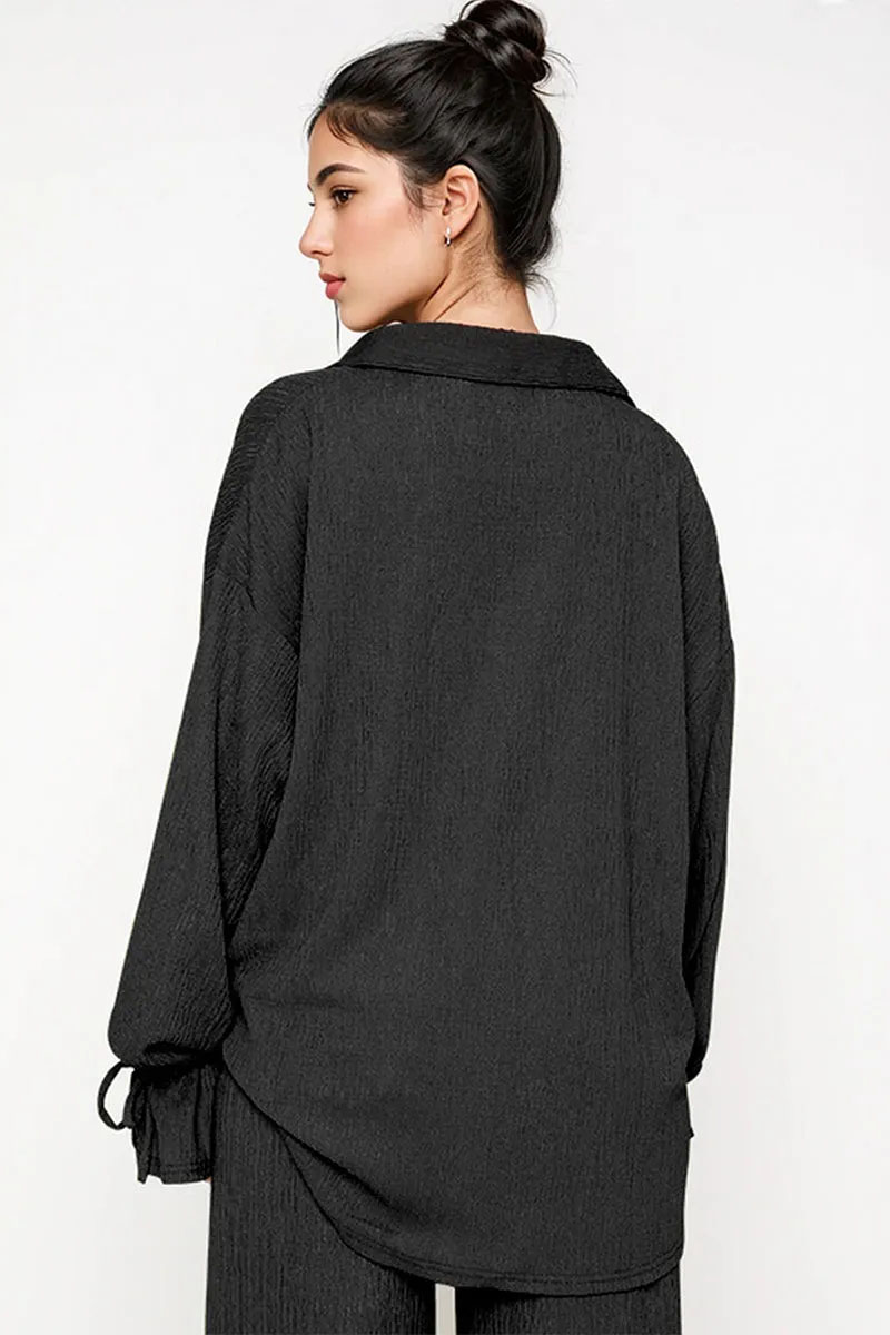 Commuter Solid Collared Tie-Up Long Sleeve Button Shirt & Wide Leg Trousers Co-ord