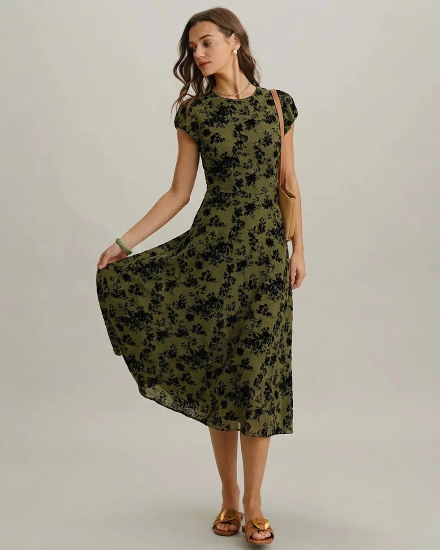 Green Floral A-Line Cap Sleeve Midi Dress