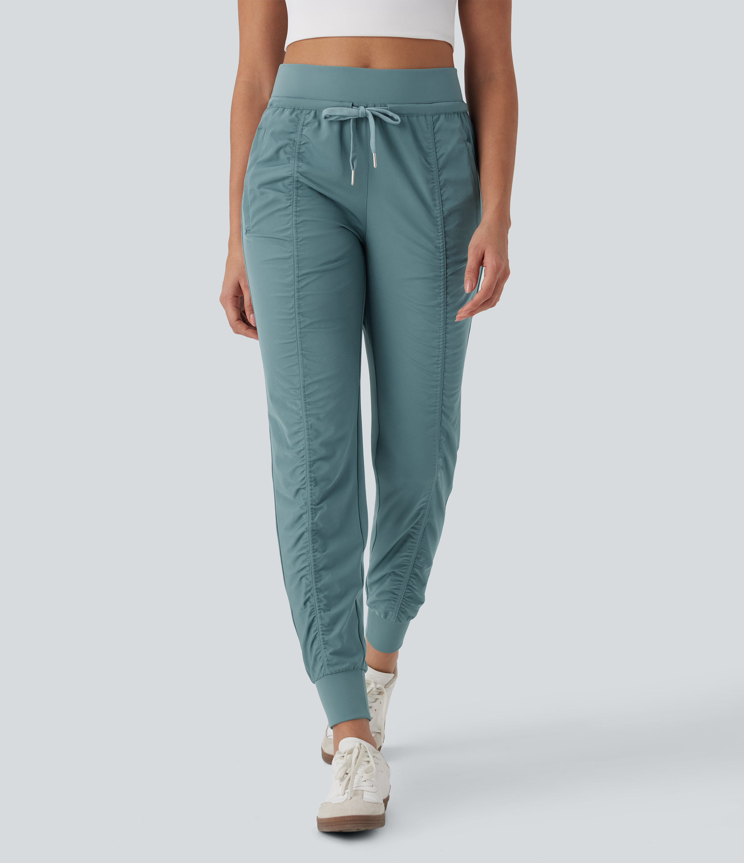 High Waisted Drawstring Tapered Travel Joggers with Side Zip Pockets