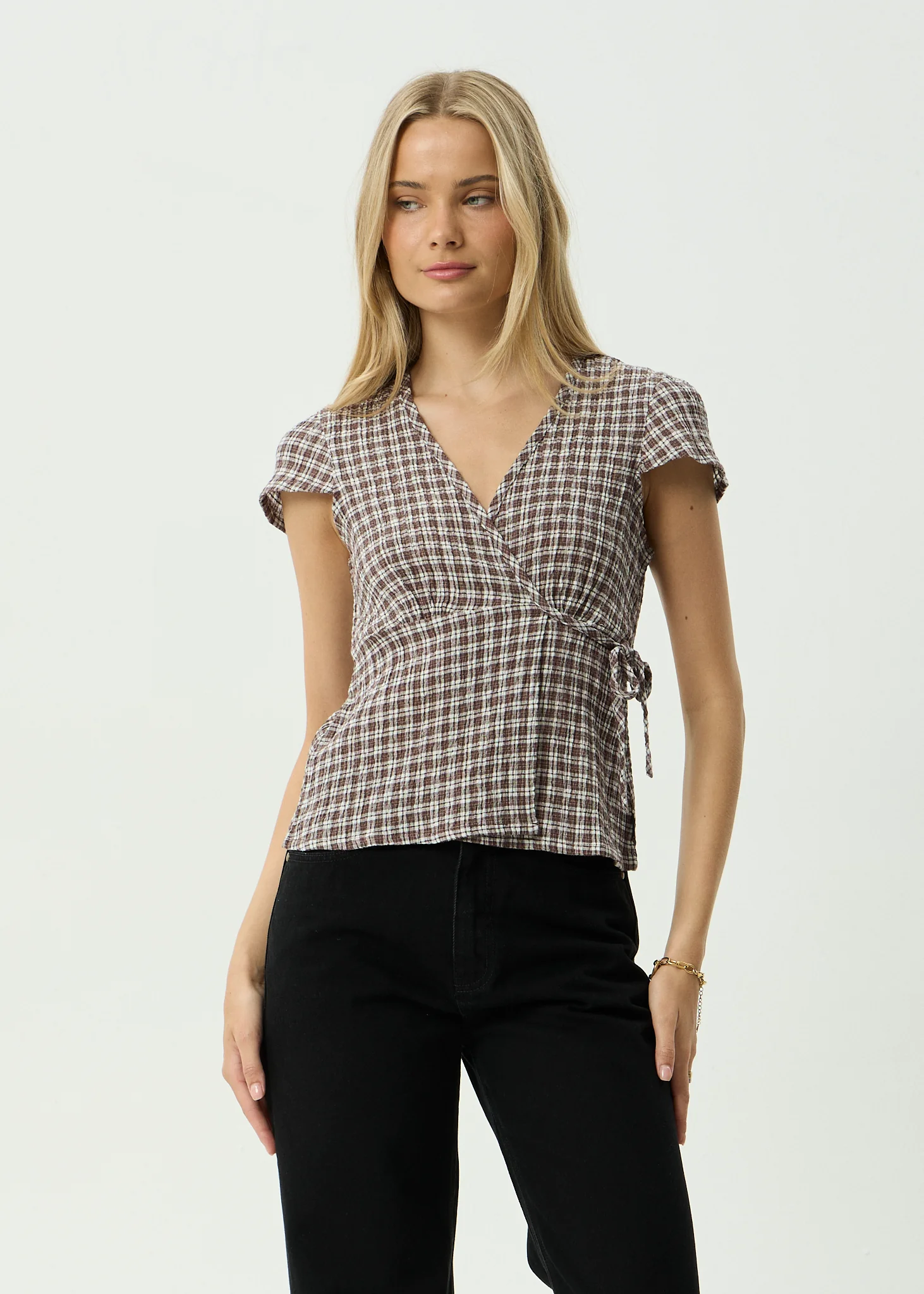 AFENDS Womens Loula - Seersucker Wrap Top - Coffee Check