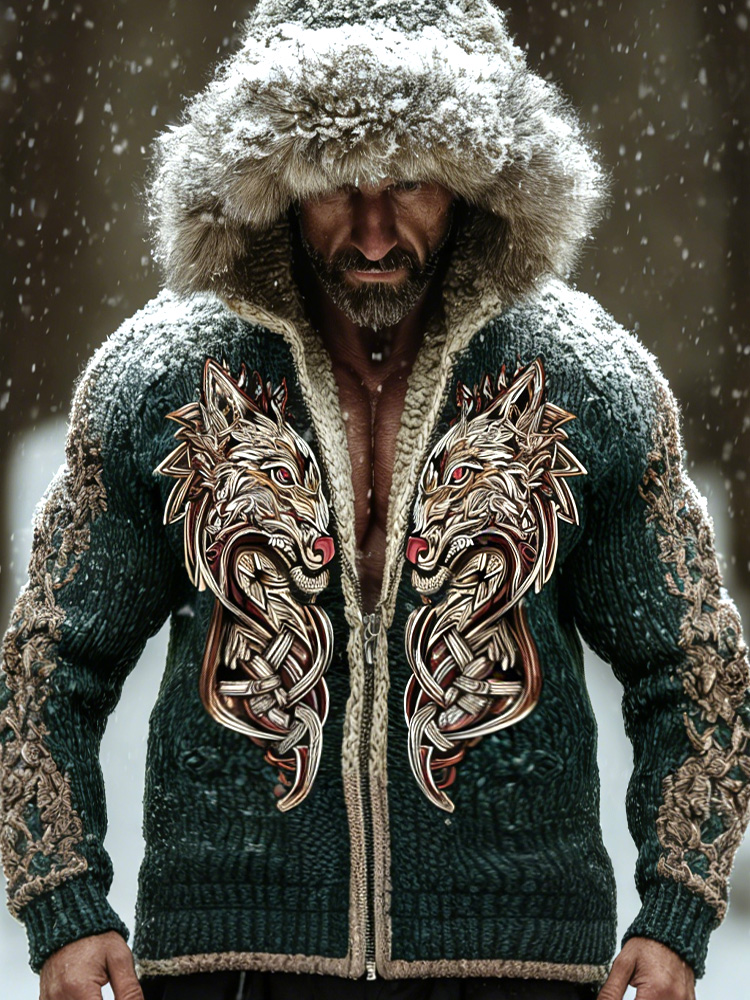 Men's Retro Viking Wolf Embroidered Print Hooded Jacket