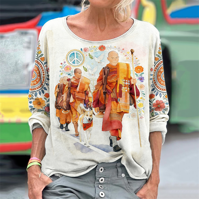 Walk For Peace Aloka & Monks Floral Watercolor T Shirt