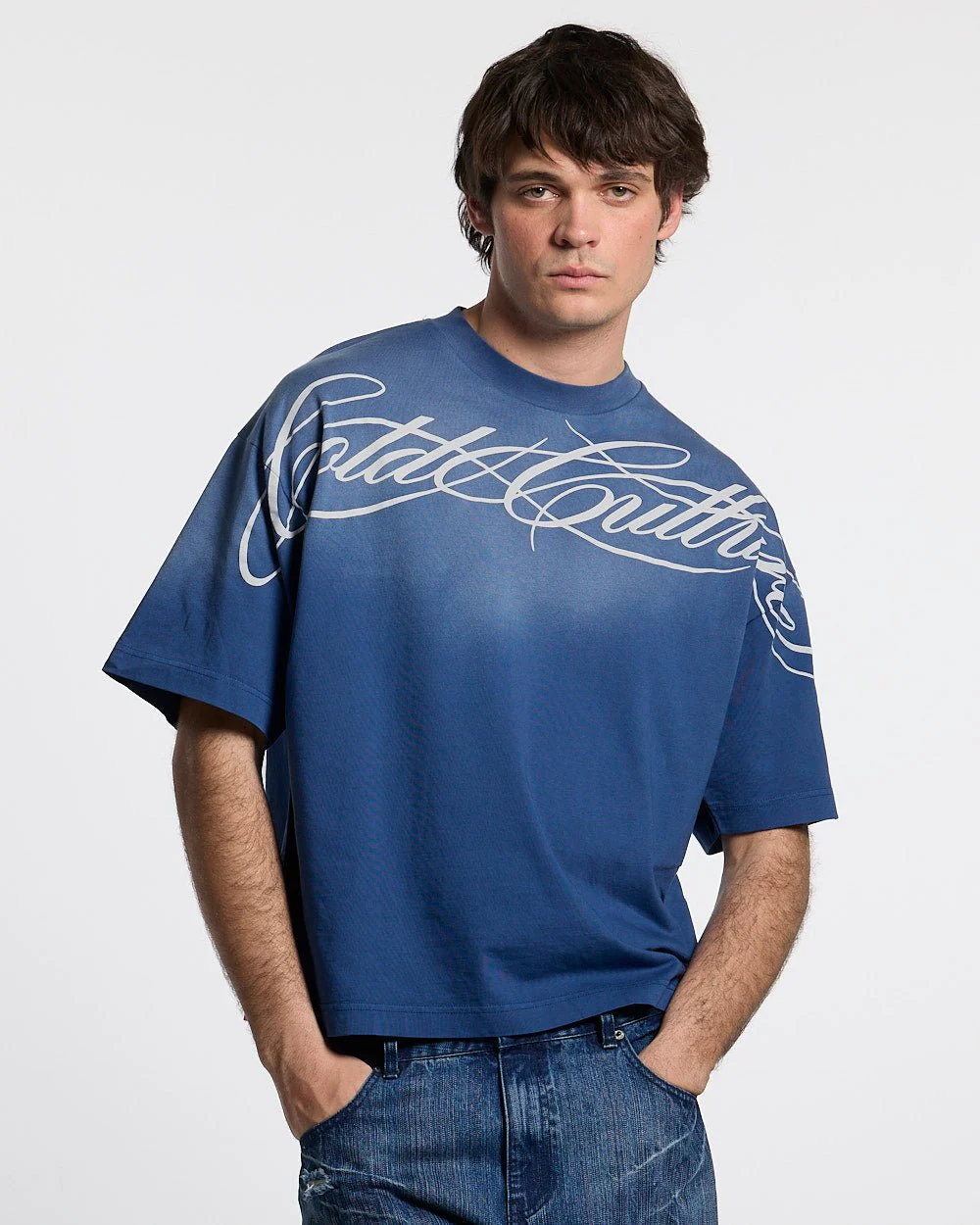 CROSSED SCRIPT TEE BLUE