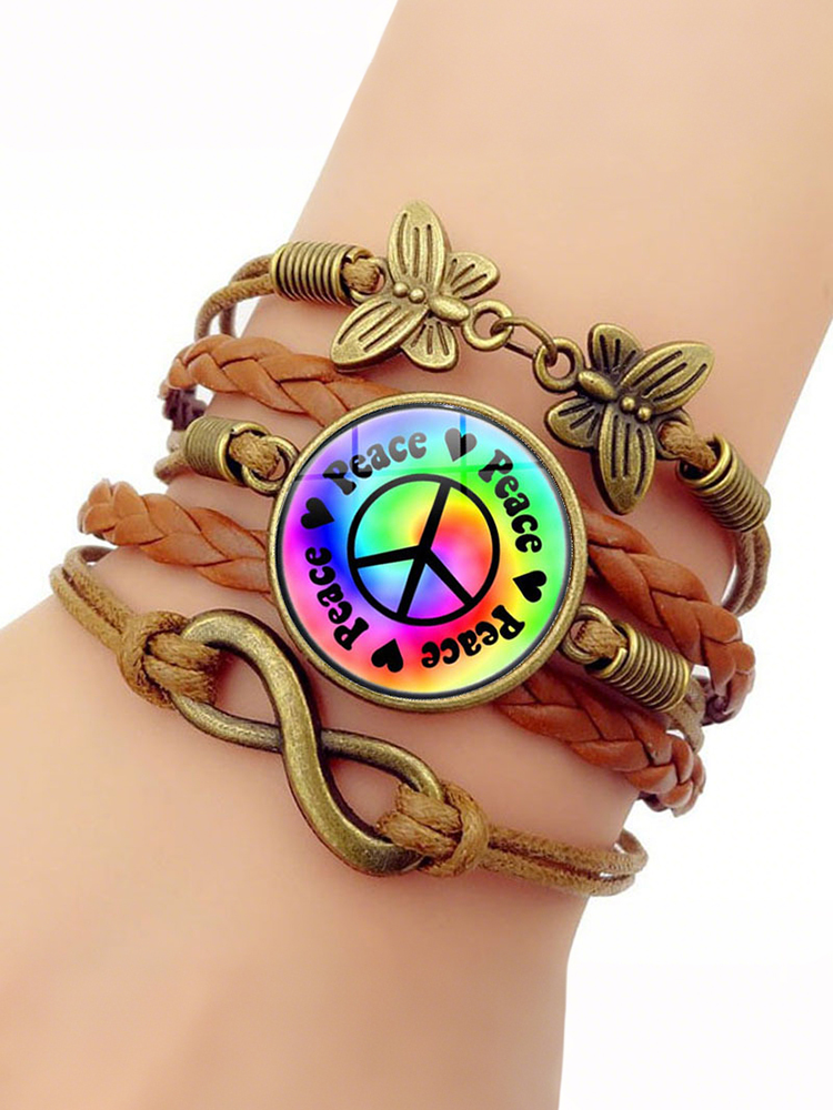 Handmade Beaded Cowhide Bracelet Alloy Peace Bracelet