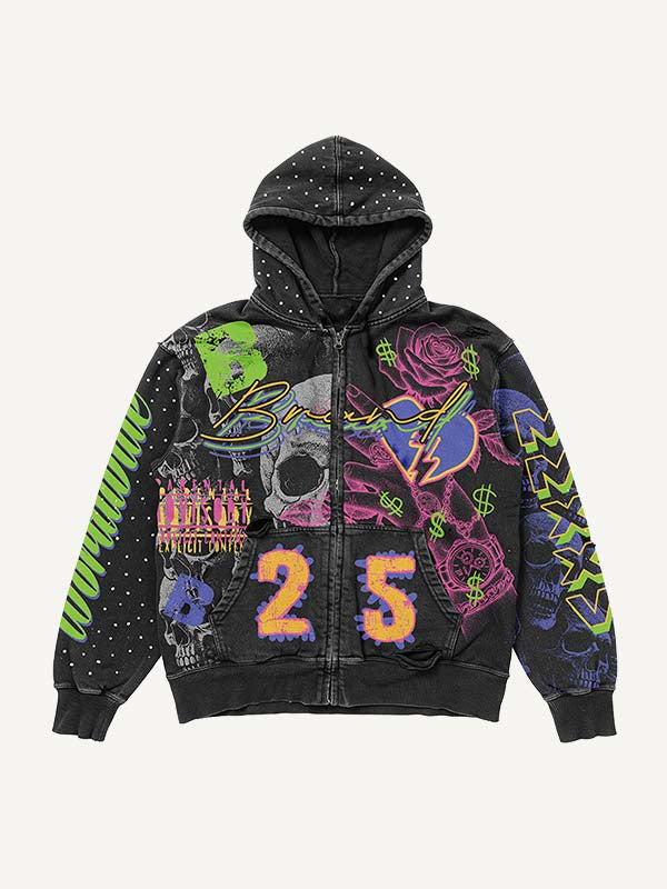 Skull&Floral&Heartbreak&Graphic&Letter Print Zip Up Hooded Coat