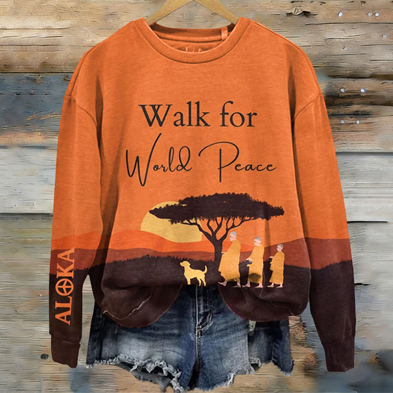 Women's Retro Walk For Peace Monks With Aloka Dog Print Crew Neck Sweatshirt